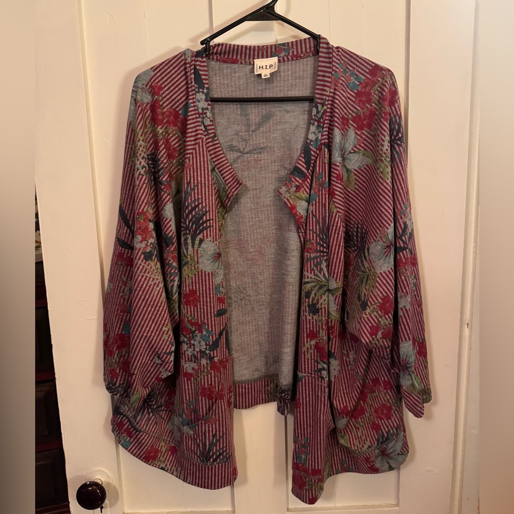 Bob Red and Grey Striped Floral Cardigan